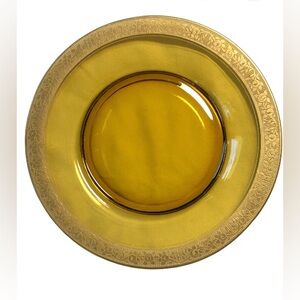 7 19/20” Tiffin Franciscan Amber Glass Gold Trimmed Clear Glass Plate